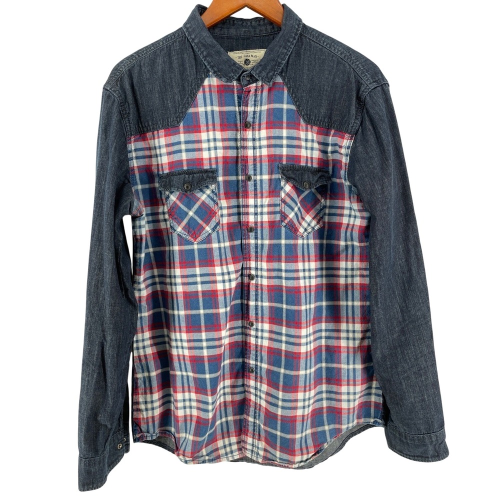 Zara Man Western Shirt Mens XL Blue Red Slim‎ Fit Denim Plaid Urban Americana